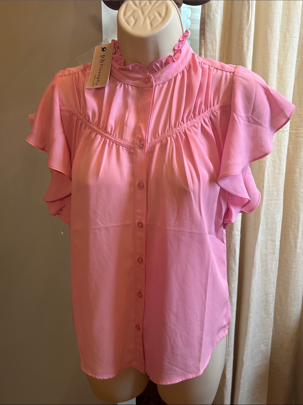 Philosophy Soft Pink Ruffle Sleeve Button-Up Blouse